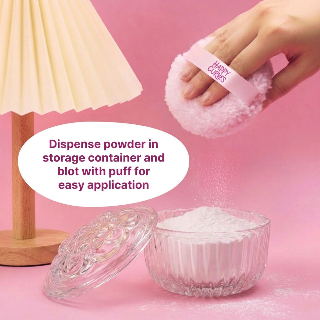 Comfort Powder being dispensed into the open glass vanity jar with the Comfort Puff held above