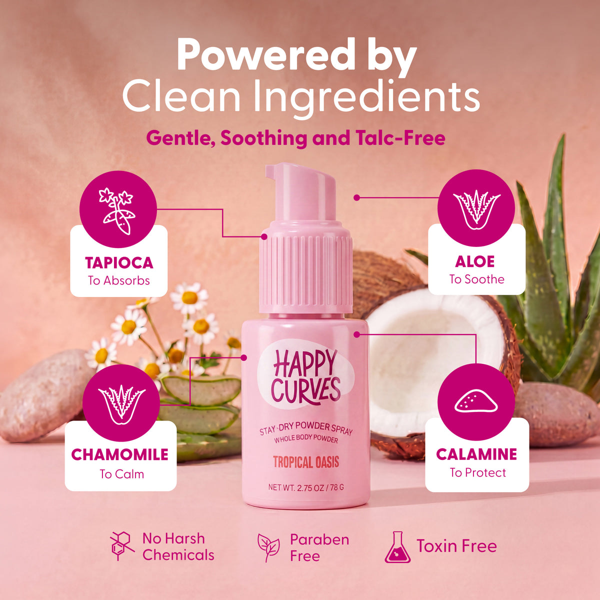 Happy Curves Stay-Dry Powder Spray clean ingredients including tapioca, aloe, chamomile and calamine